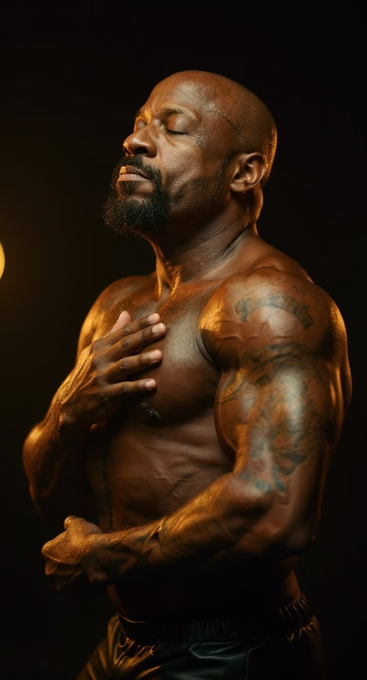 Adonis with hand on heart, golden rim light, 57 days from Mr. Universe